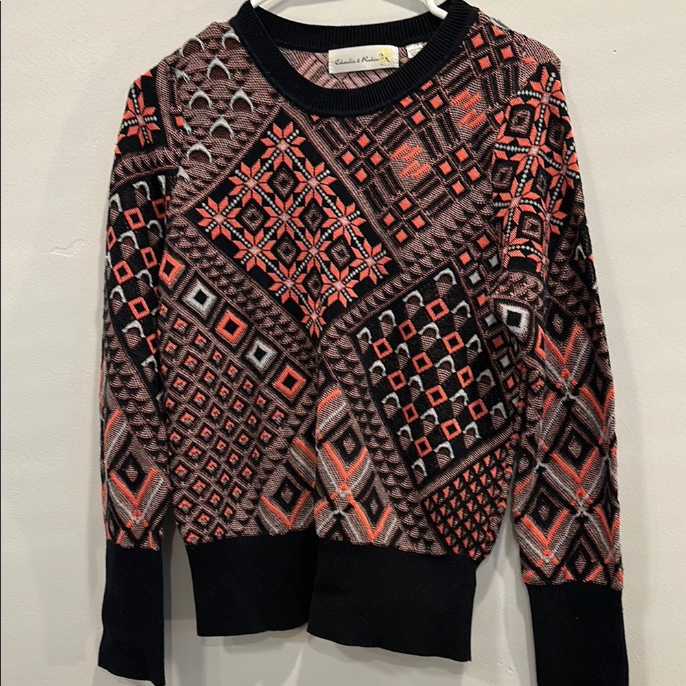 Anthropologie Charlie & Robin Geometric Crew Neck Sweater Black Red Large - Picture 4 of 13